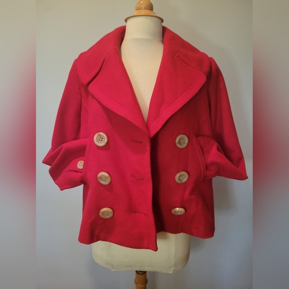 J. Crew Red Wool Blend Double Breasted Cropped Pea Coat SZ 10 - Picture 8 of 12